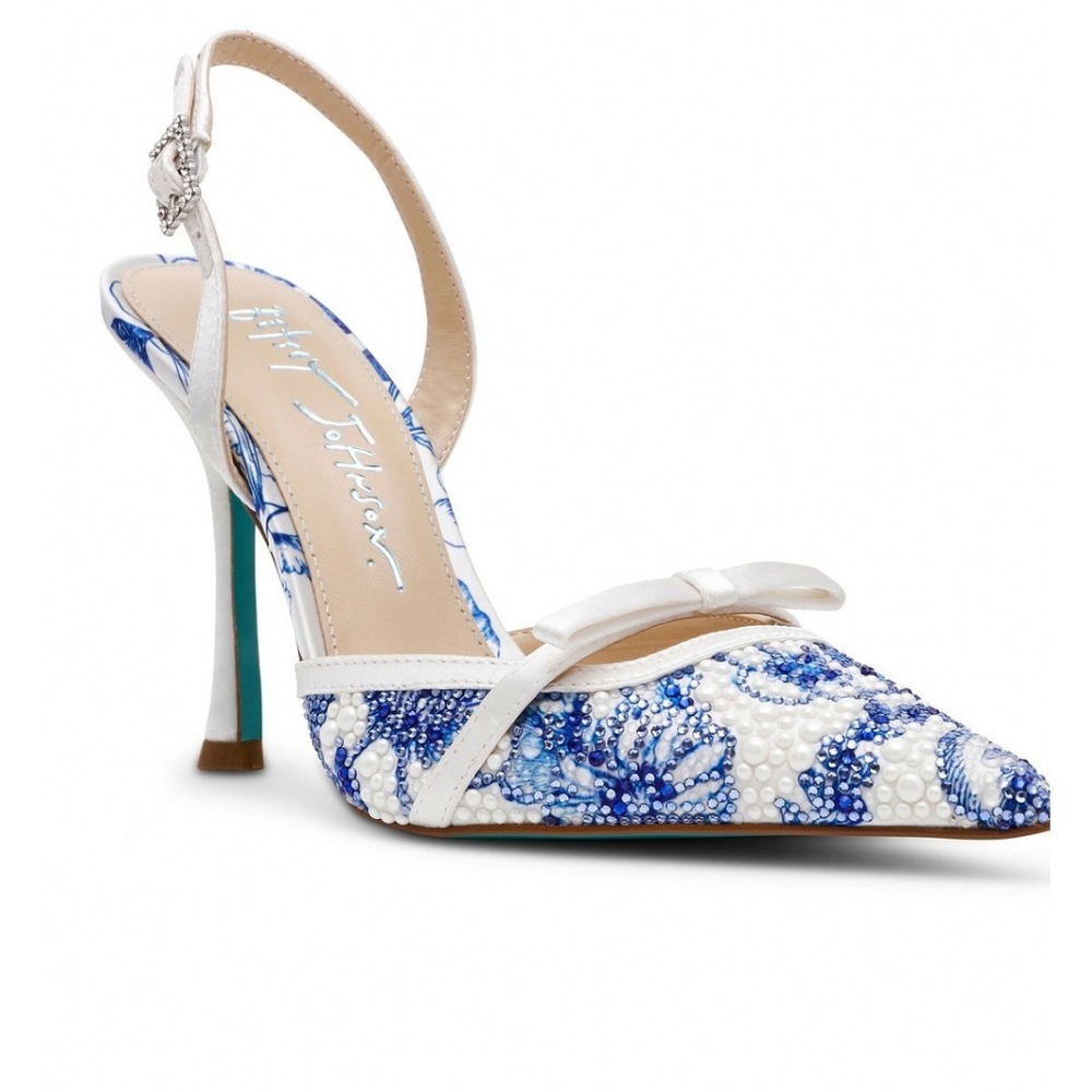 Betsey Johnson ROZA‎ Blue White Floral Beaded Pearl Slingback Pumps Heels 9.5M